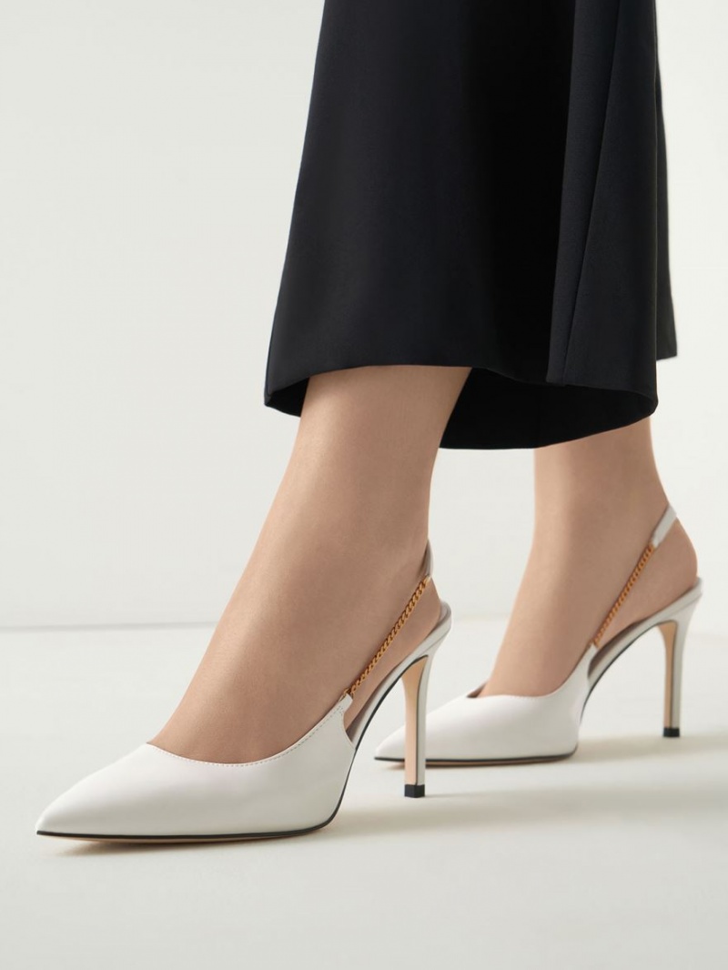 Charles & Keith Chain-Link Slingback Stiletto Pumps Hvite | KMZFL7249