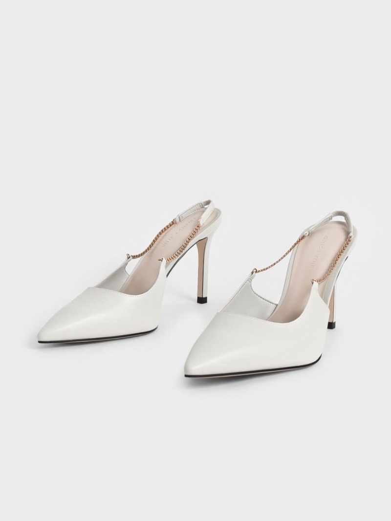 Charles & Keith Chain-Link Slingback Stiletto Pumps Hvite | KMZFL7249