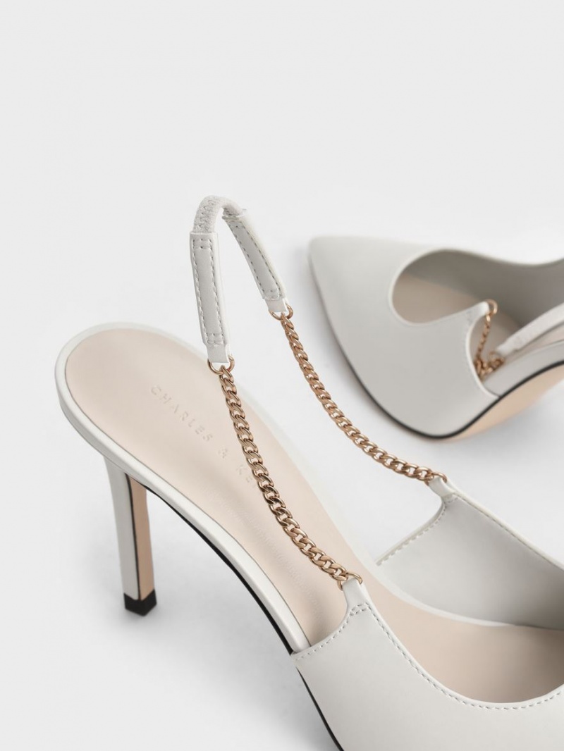 Charles & Keith Chain-Link Slingback Stiletto Pumps Hvite | KMZFL7249