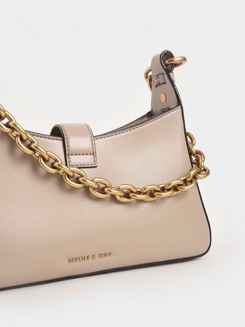 Charles & Keith Chain Handle Skulderveske Beige | VLBAQ9470