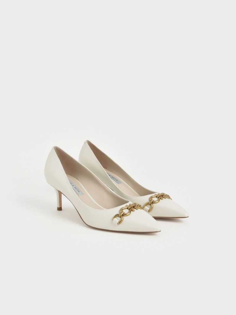 Charles & Keith Chain Link Pointed Tå Pumps Hvite | SKNVR8462