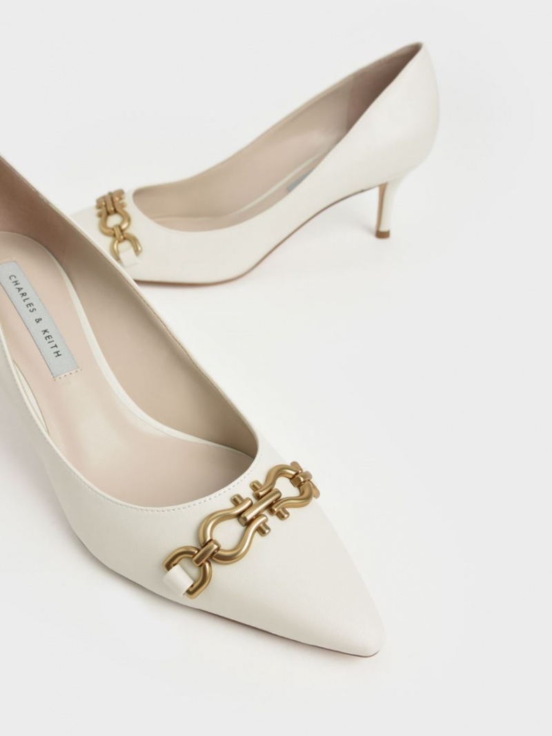 Charles & Keith Chain Link Pointed Tå Pumps Hvite | SKNVR8462