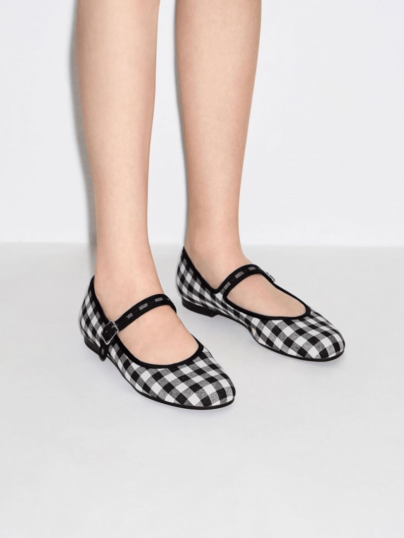 Charles & Keith Checkered Buckled Mary Jane Flate Sko Svarte | PAMJN7546