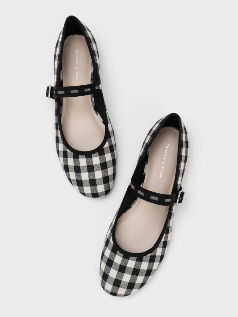 Charles & Keith Checkered Buckled Mary Jane Flate Sko Svarte | PAMJN7546