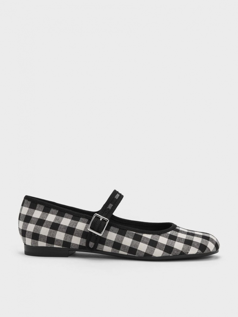 Charles & Keith Checkered Buckled Mary Jane Flate Sko Svarte | PAMJN7546