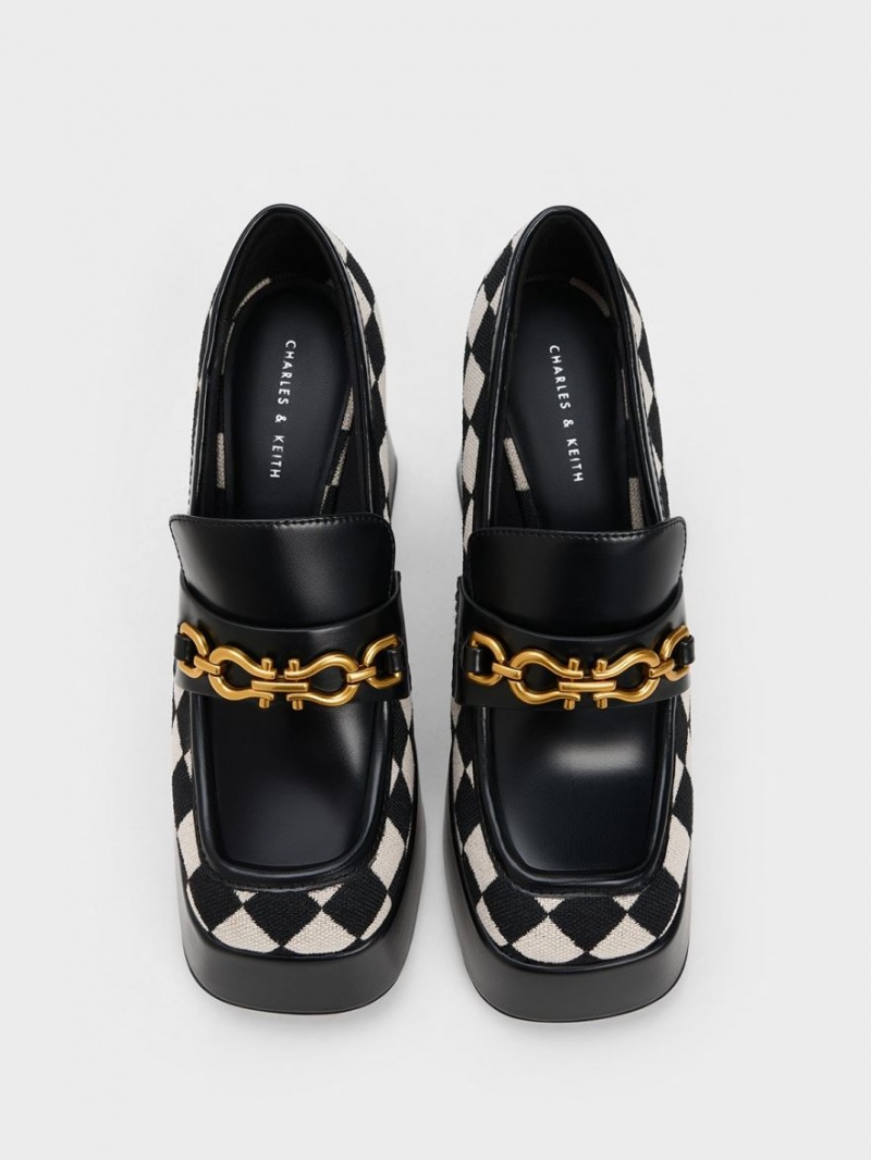 Charles & Keith Checkered Metallic Accent Platform Loafers Svarte | BHFXC4503