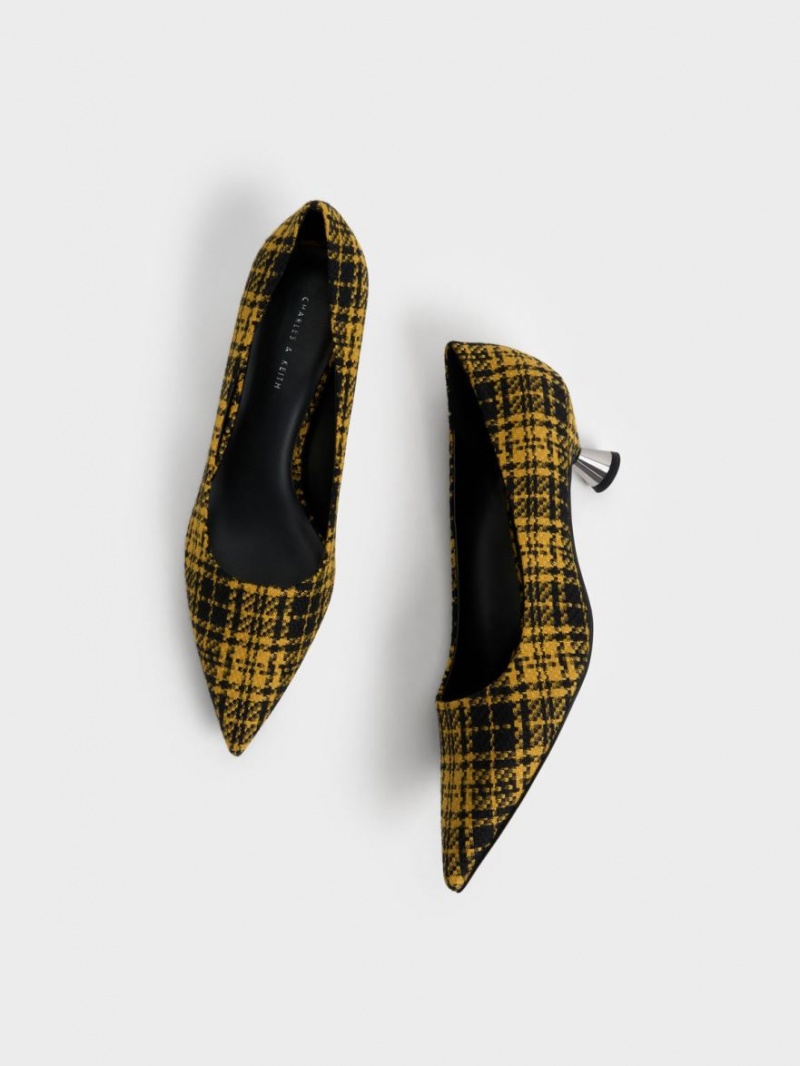 Charles & Keith Checkered Spool Heel Pumps Gul | APXJH6930