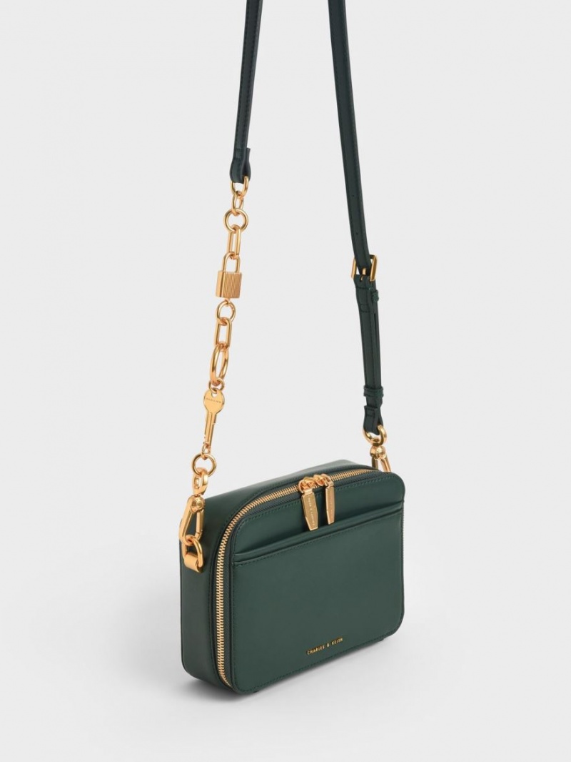 Charles & Keith Chunky Chain Handle Two-Way Zip Crossbody Veske Mørke Grønn | FMWGK8162