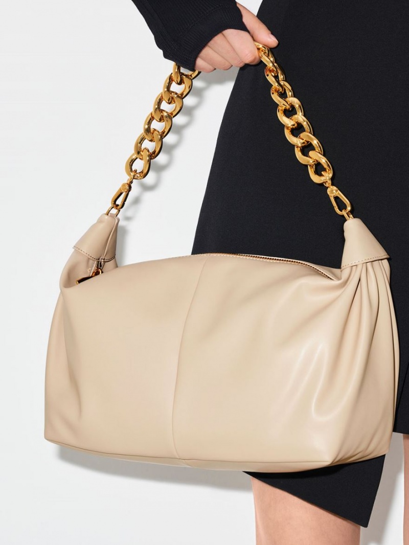 Charles & Keith Chunky Chain Link Hobo Veske Beige | LGQBX1537