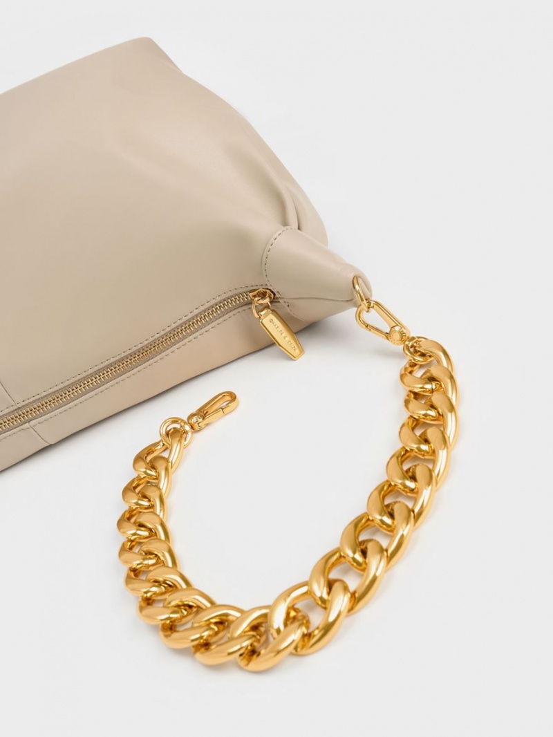 Charles & Keith Chunky Chain Link Hobo Veske Beige | LGQBX1537