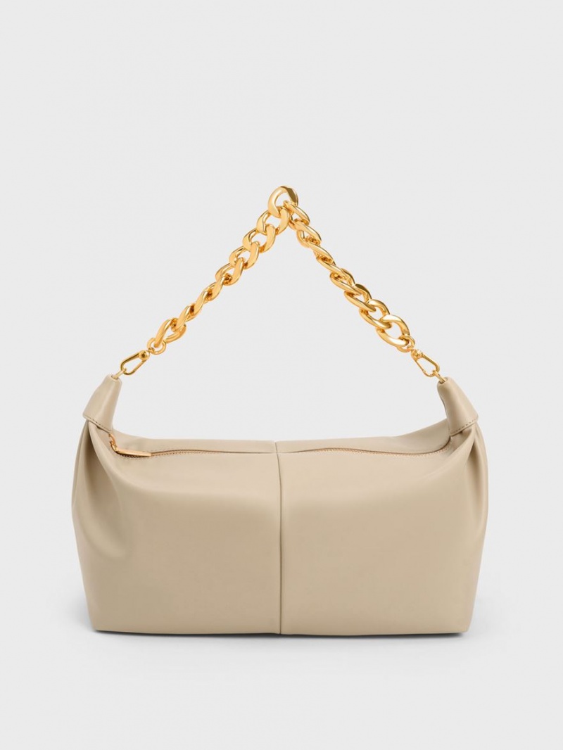 Charles & Keith Chunky Chain Link Hobo Veske Beige | LGQBX1537