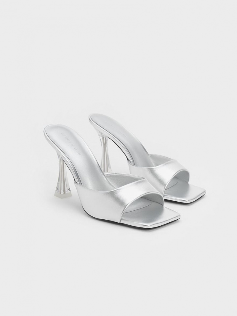 Charles & Keith Clear Flared Heel Metallic Mules Sko Sølv | IMSAJ0476