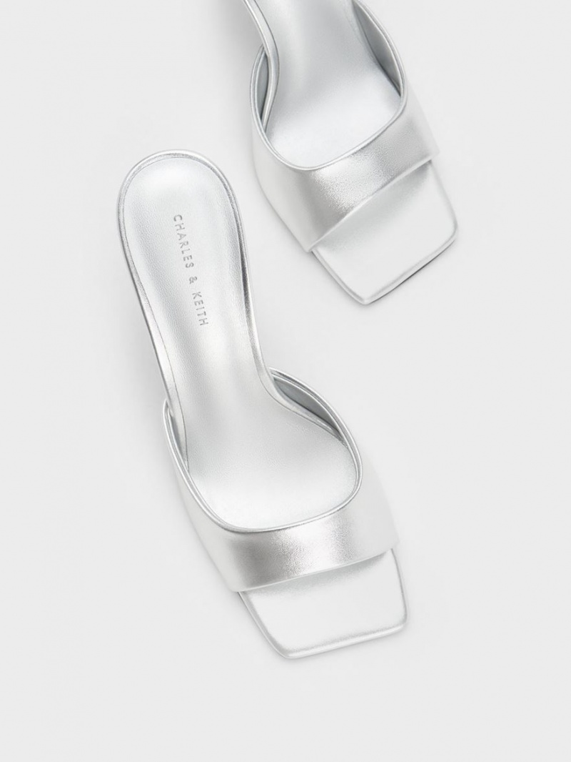 Charles & Keith Clear Flared Heel Metallic Mules Sko Sølv | IMSAJ0476