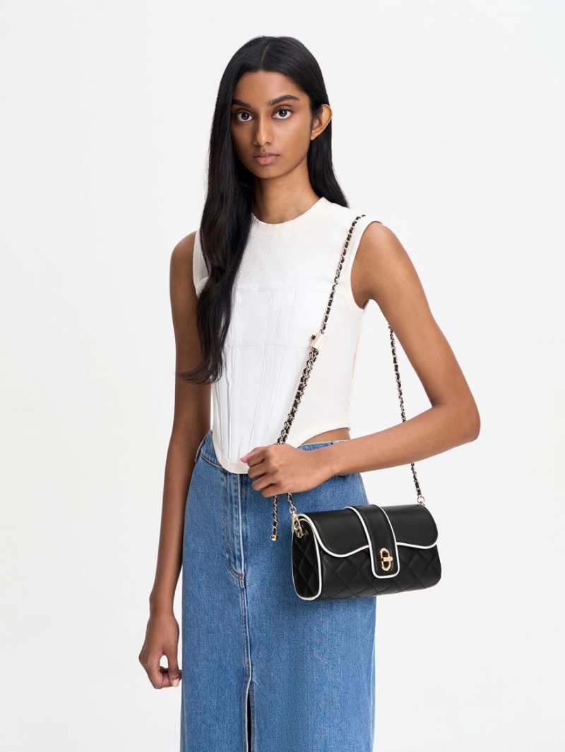 Charles & Keith Contrast-Trim Belted Crossbody Veske Svarte | SEOXH8726