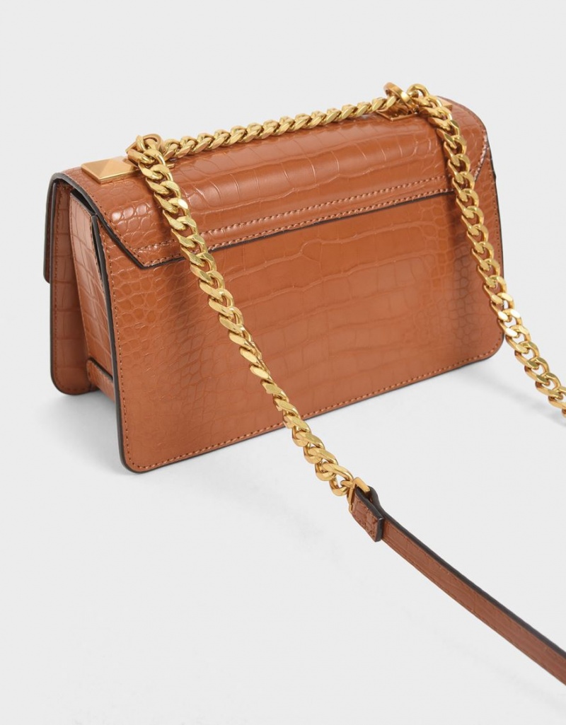 Charles & Keith Croc-Effect Chain Reima Crossbody Veske Brune | MJWCY9732