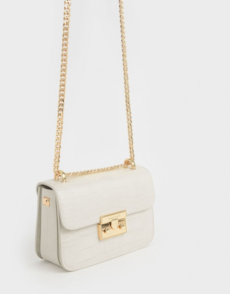 Charles & Keith Croc-Effect Chain Reima Crossbody Veske Hvite | VBLYO7183