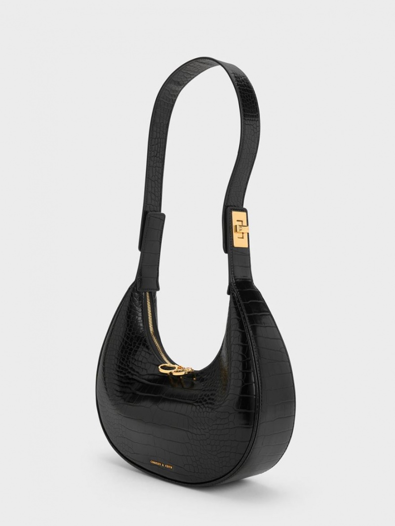 Charles & Keith Croc-Embossed Crescent Hobo Veske Svarte | MZKOV3497