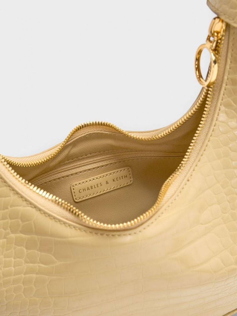 Charles & Keith Croc-Embossed Crescent Hobo Veske Beige | ZJVGF4360