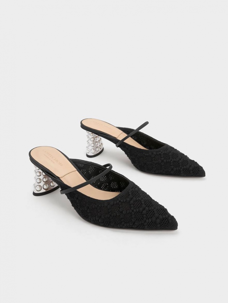 Charles & Keith Crochet & Lær Beaded Heel Mules Sko Svarte | DPAQG7068