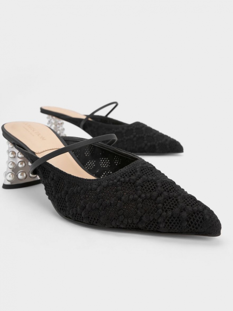 Charles & Keith Crochet & Lær Beaded Heel Mules Sko Svarte | DPAQG7068