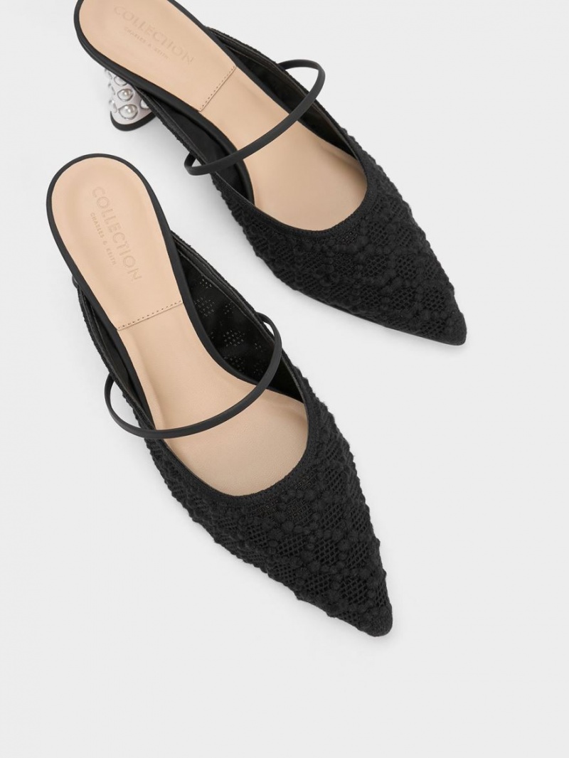 Charles & Keith Crochet & Lær Beaded Heel Mules Sko Svarte | DPAQG7068