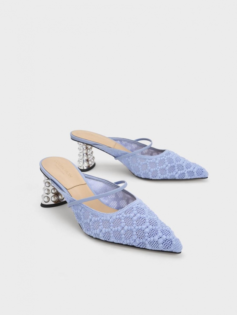 Charles & Keith Crochet & Lær Beaded Heel Mules Sko Blå | UFKYN9302