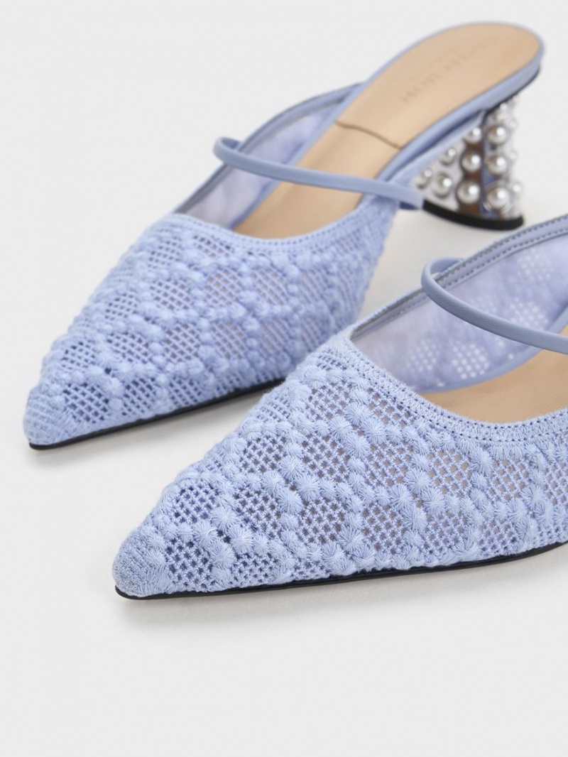 Charles & Keith Crochet & Lær Beaded Heel Mules Sko Blå | UFKYN9302