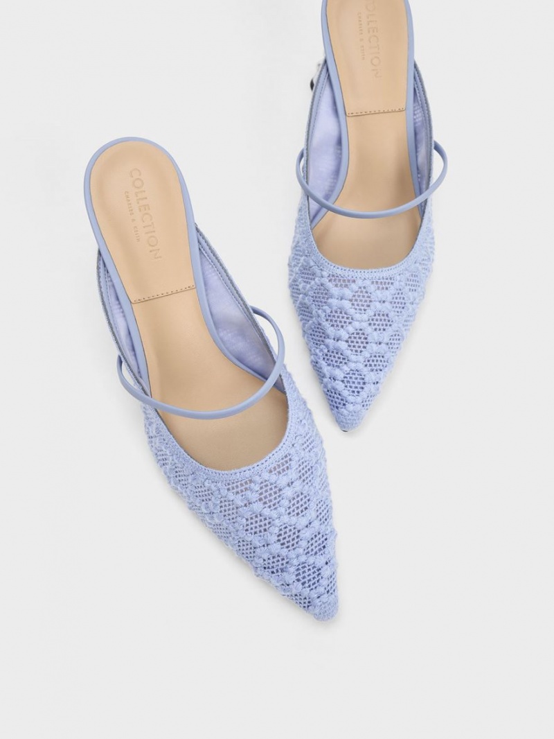 Charles & Keith Crochet & Lær Beaded Heel Mules Sko Blå | UFKYN9302