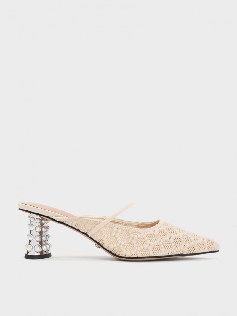 Charles & Keith Crochet & Lær Beaded Heel Mules Sko Pisket Krem | MGPNJ6123