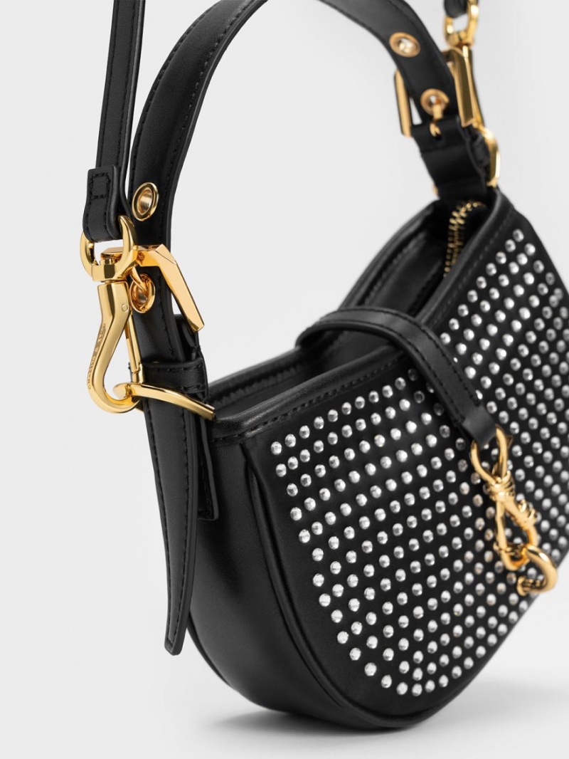 Charles & Keith Crystal-Embellished Belted Skulderveske Svarte | LHXPG3185