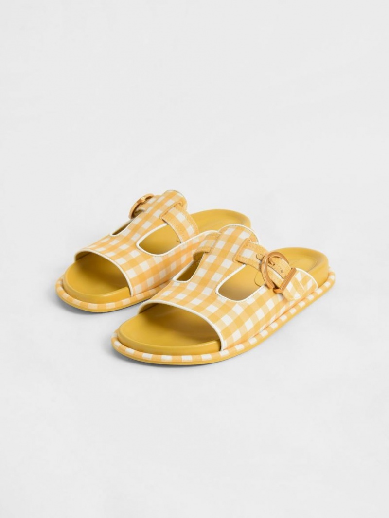 Charles & Keith Cut-Out Linen Gingham-Print Buckled Badesandaler Gul | SAUDT6420