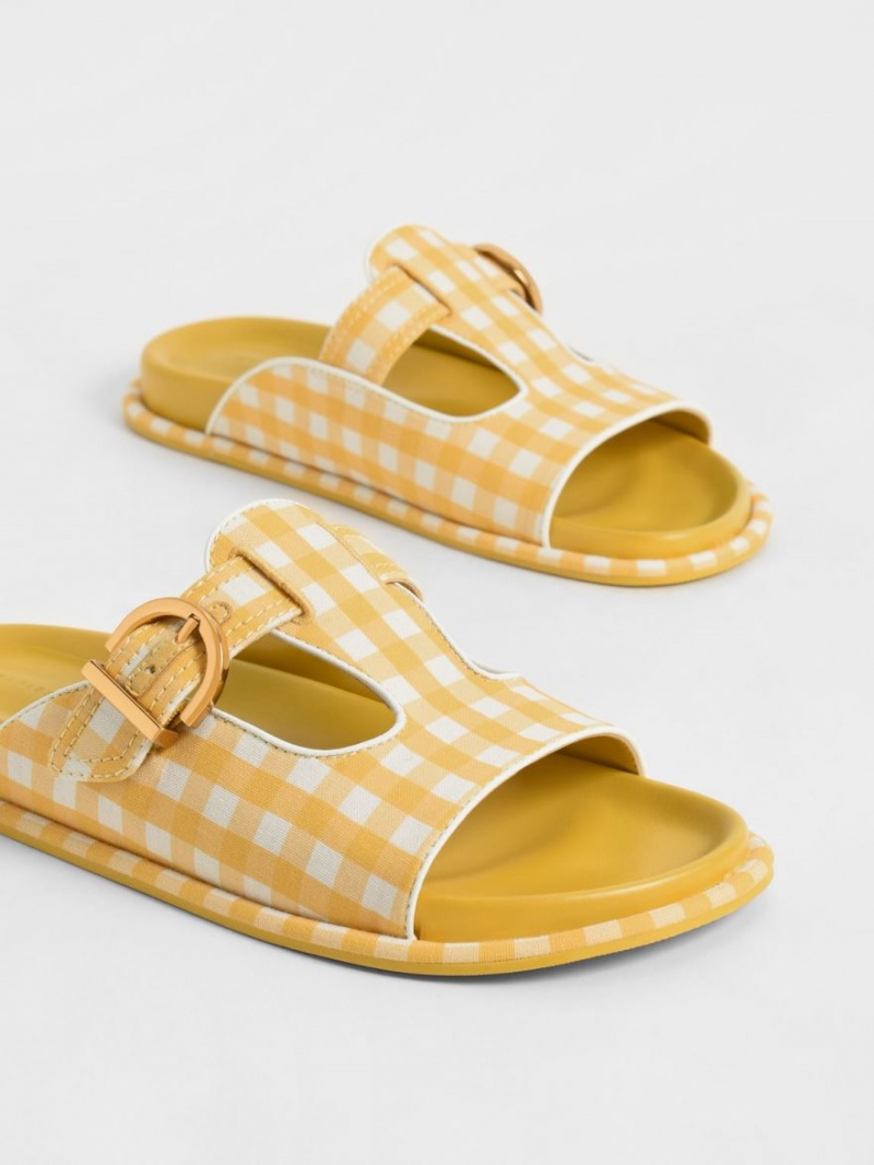 Charles & Keith Cut-Out Linen Gingham-Print Buckled Badesandaler Gul | SAUDT6420