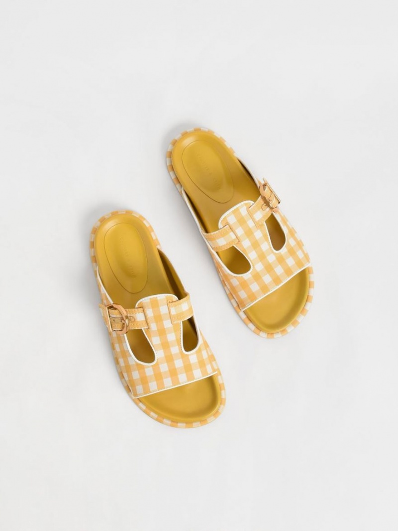 Charles & Keith Cut-Out Linen Gingham-Print Buckled Badesandaler Gul | SAUDT6420