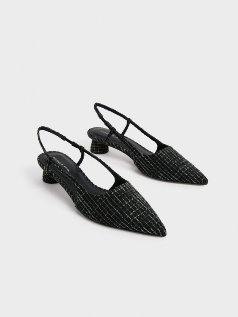 Charles & Keith Cylindrical Heel Tweed Slingback Pumps Svarte | EZFNY0379