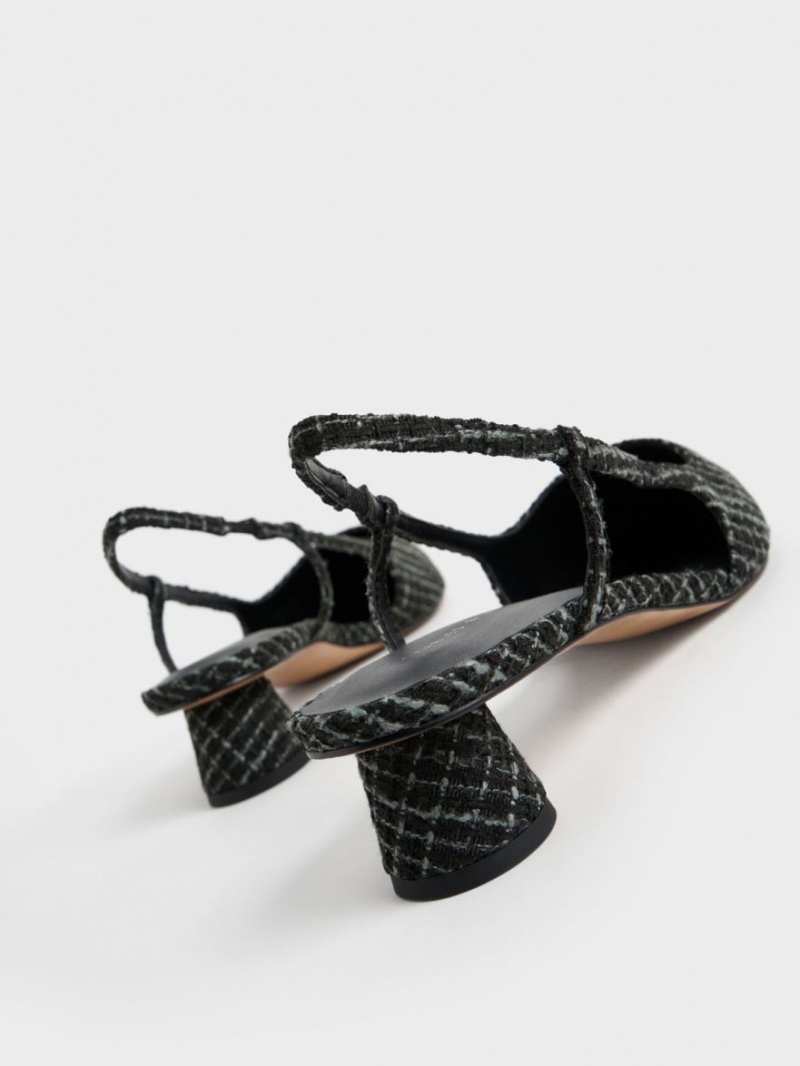 Charles & Keith Cylindrical Heel Tweed Slingback Pumps Svarte | EZFNY0379