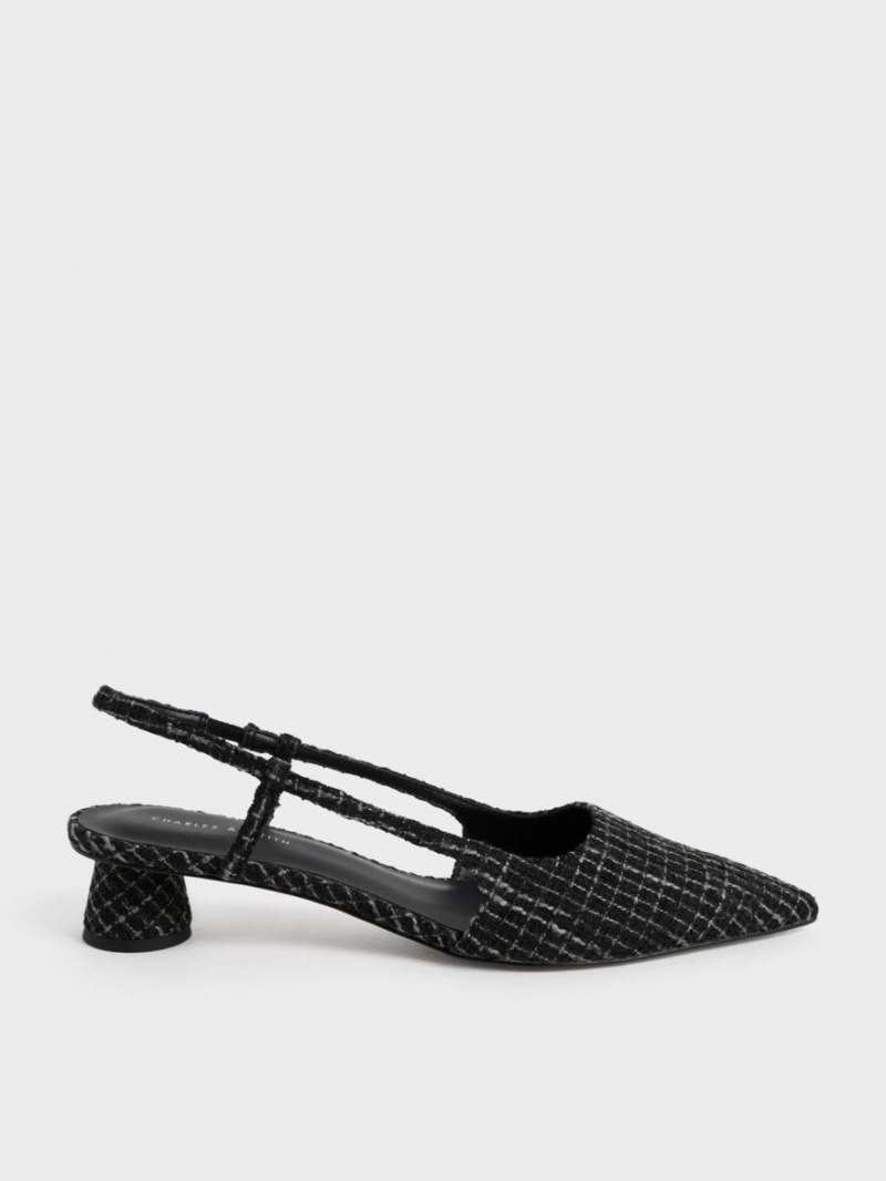 Charles & Keith Cylindrical Heel Tweed Slingback Pumps Svarte | EZFNY0379