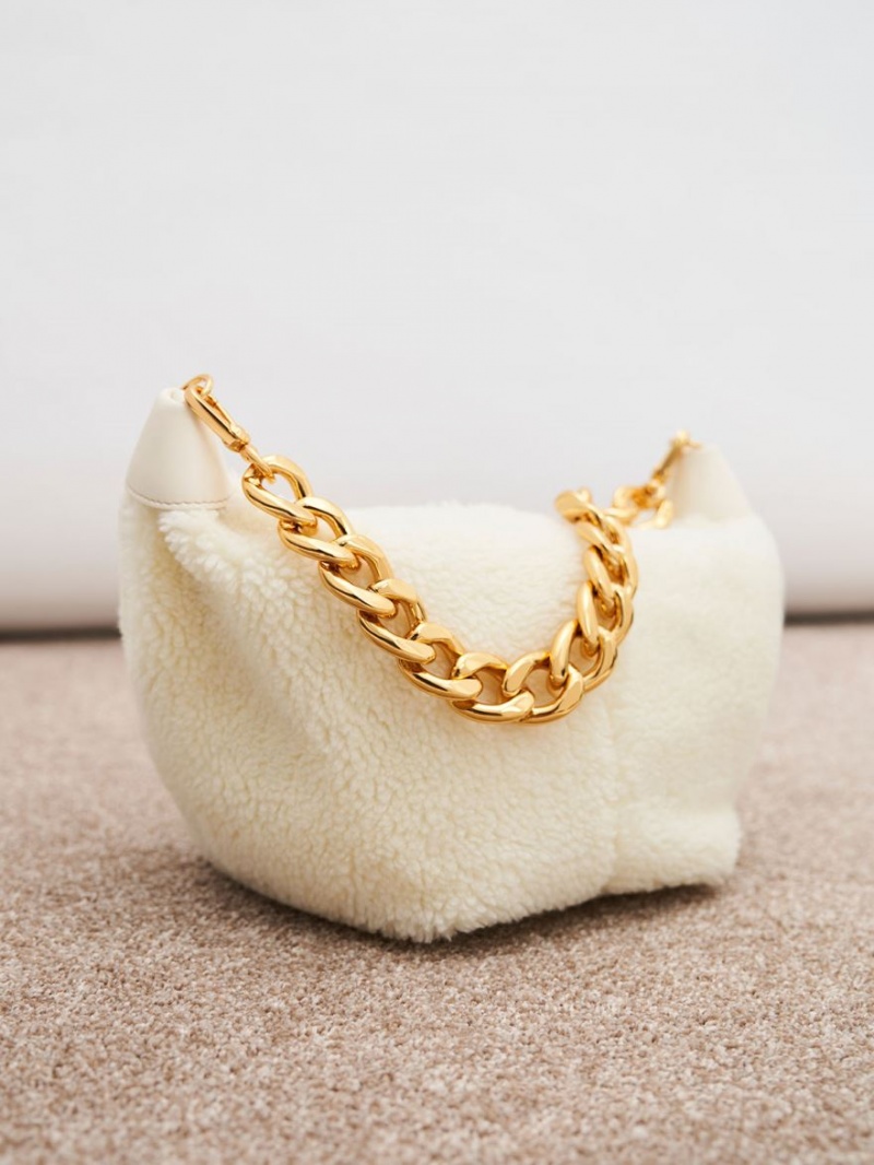 Charles & Keith Daki Chain Handle Furry Hobo Veske Pisket Krem | KVAHC9608