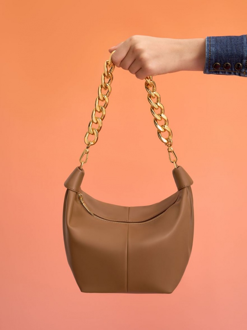 Charles & Keith Daki Chain Handle Hobo Veske Sjokolade | QPZTO3647