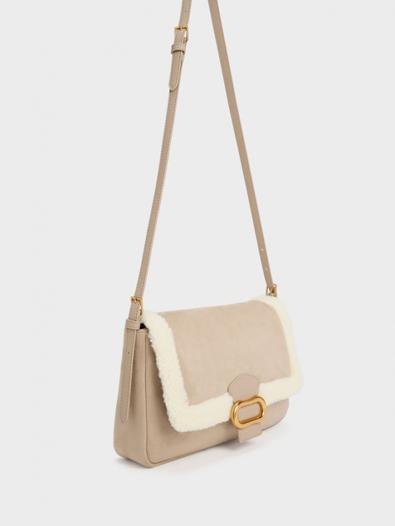 Charles & Keith Daki Fur-Trim Belted Trapeze Skulderveske Beige | VBGKD3459