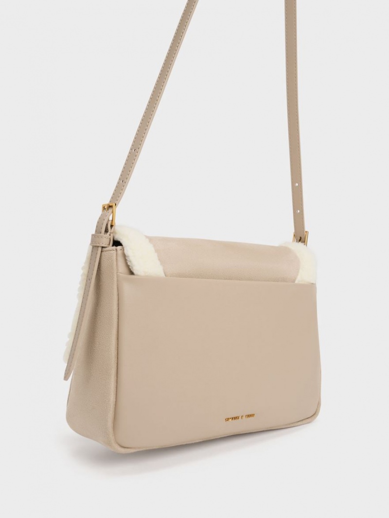 Charles & Keith Daki Fur-Trim Belted Trapeze Skulderveske Beige | VBGKD3459