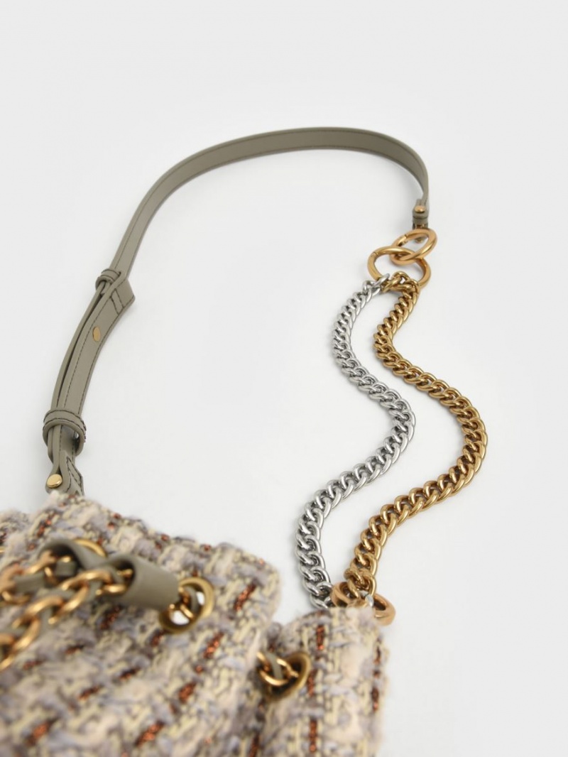 Charles & Keith Dancer Chunky Chain Tweed Bøtteposer Grå | UHCOB0649