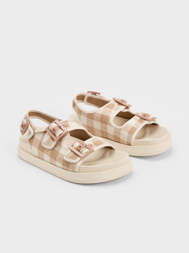 Charles & Keith Della Gingham Buckled Platåsandaler Beige | BKTMF0391