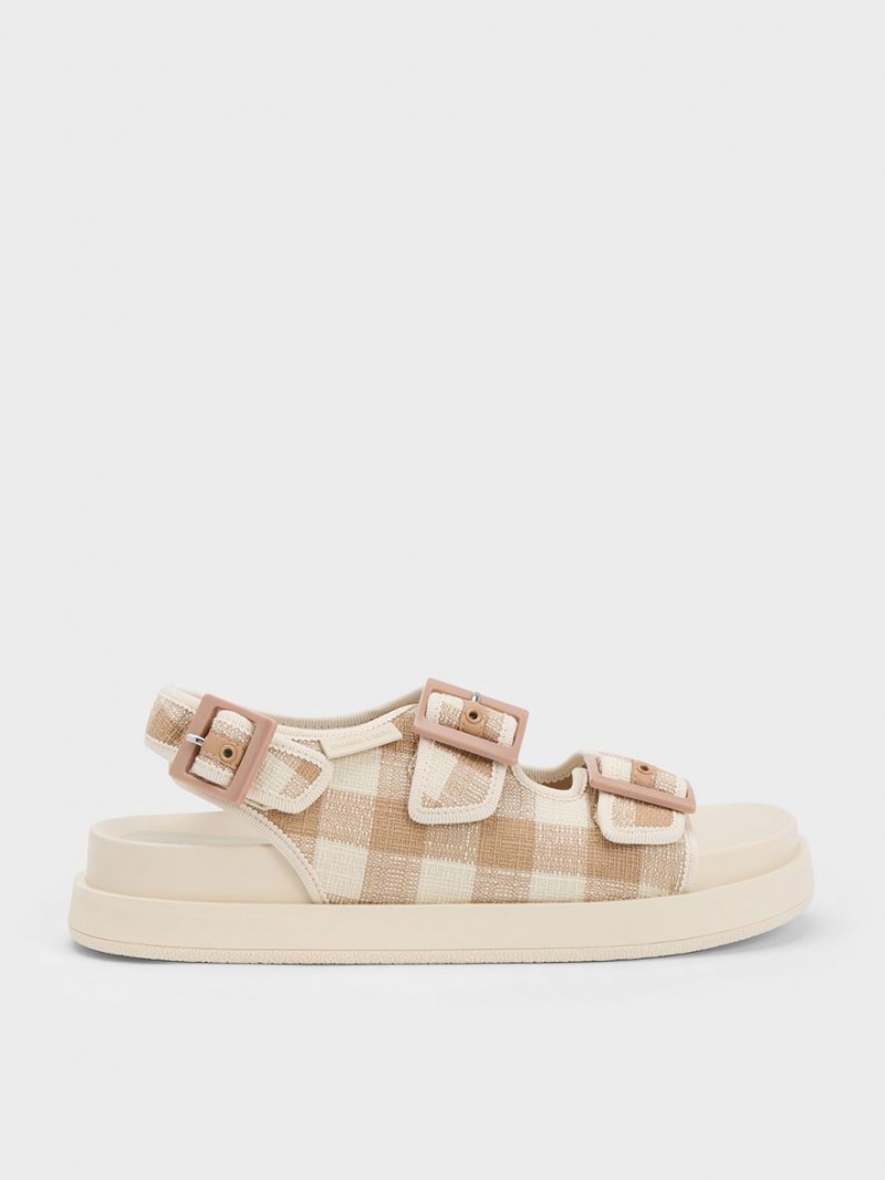 Charles & Keith Della Gingham Buckled Platåsandaler Beige | BKTMF0391