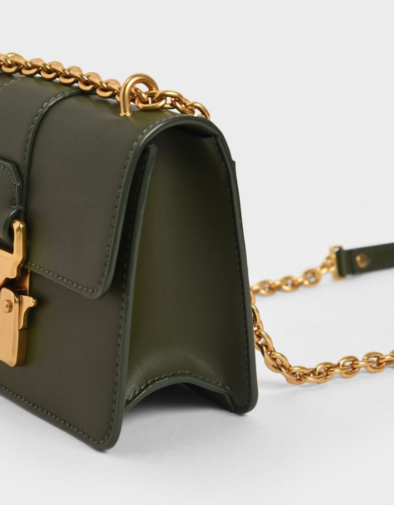 Charles & Keith Double Handle Metallic Push-Lock Skulderveske Olivengrønne | CYMUA9685