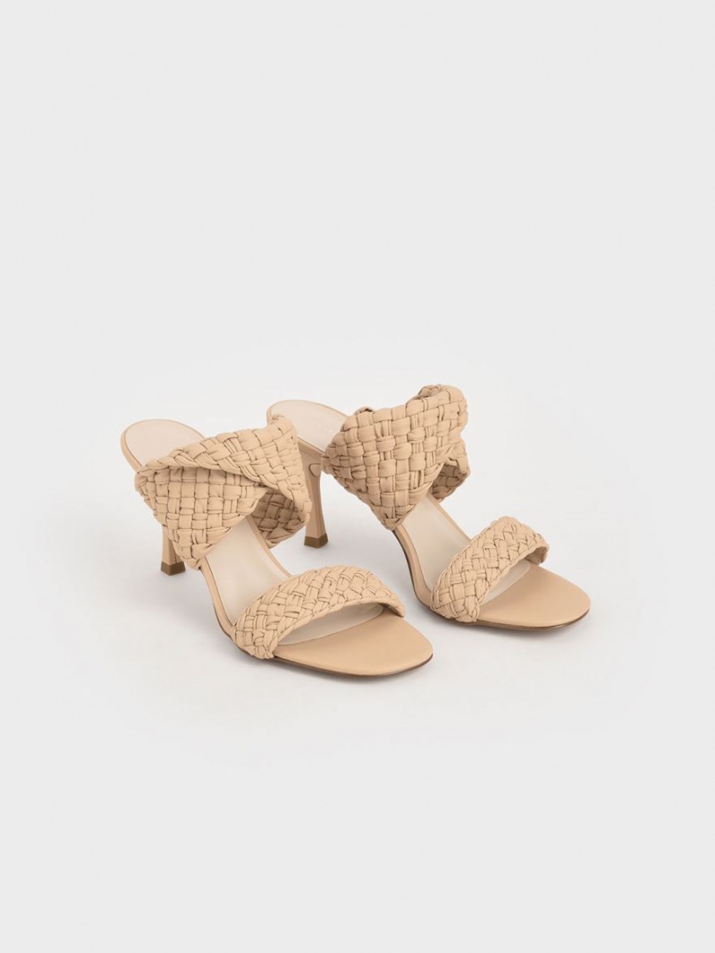 Charles & Keith Double Reima Woven Hælene Mules Sko Beige | FBQTX9134