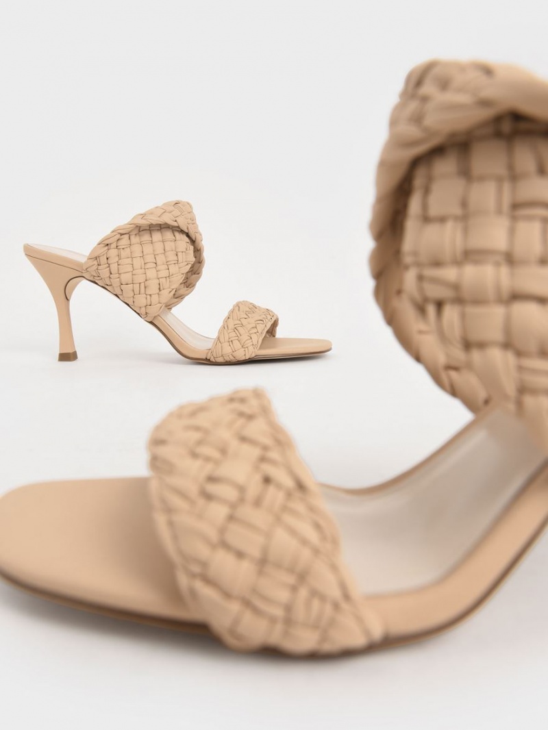 Charles & Keith Double Reima Woven Hælene Mules Sko Beige | FBQTX9134