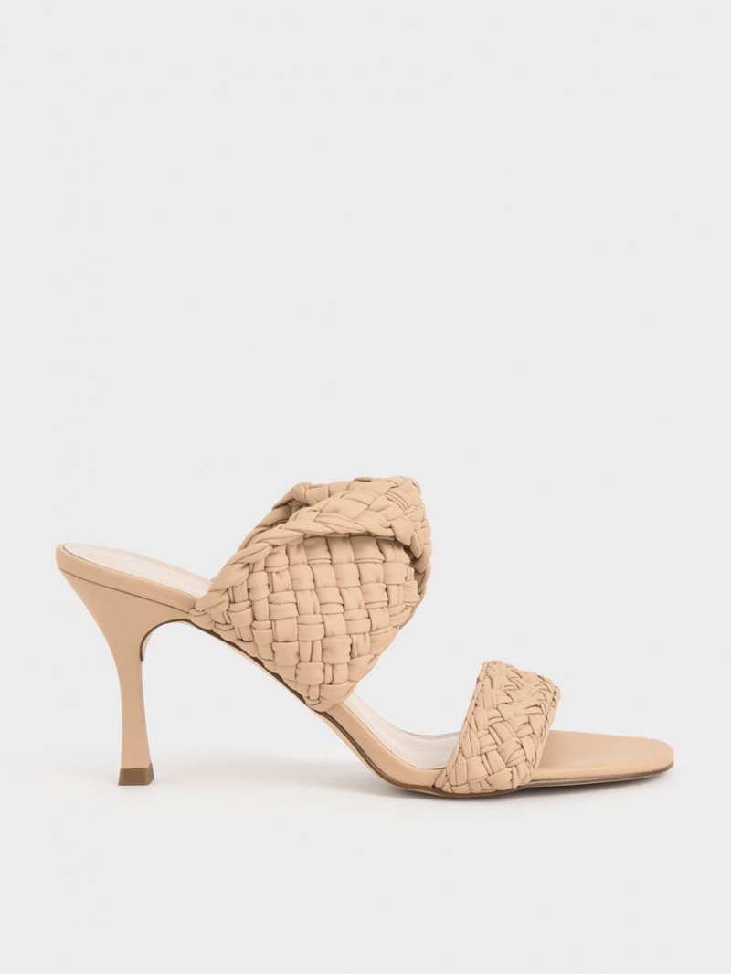 Charles & Keith Double Reima Woven Hælene Mules Sko Beige | FBQTX9134