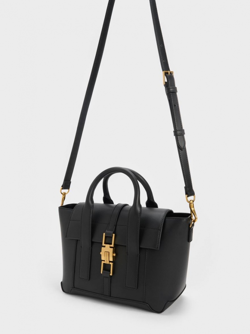 Charles & Keith Dua Buckled Trapeze Tote Veske Svarte | FOABQ4057