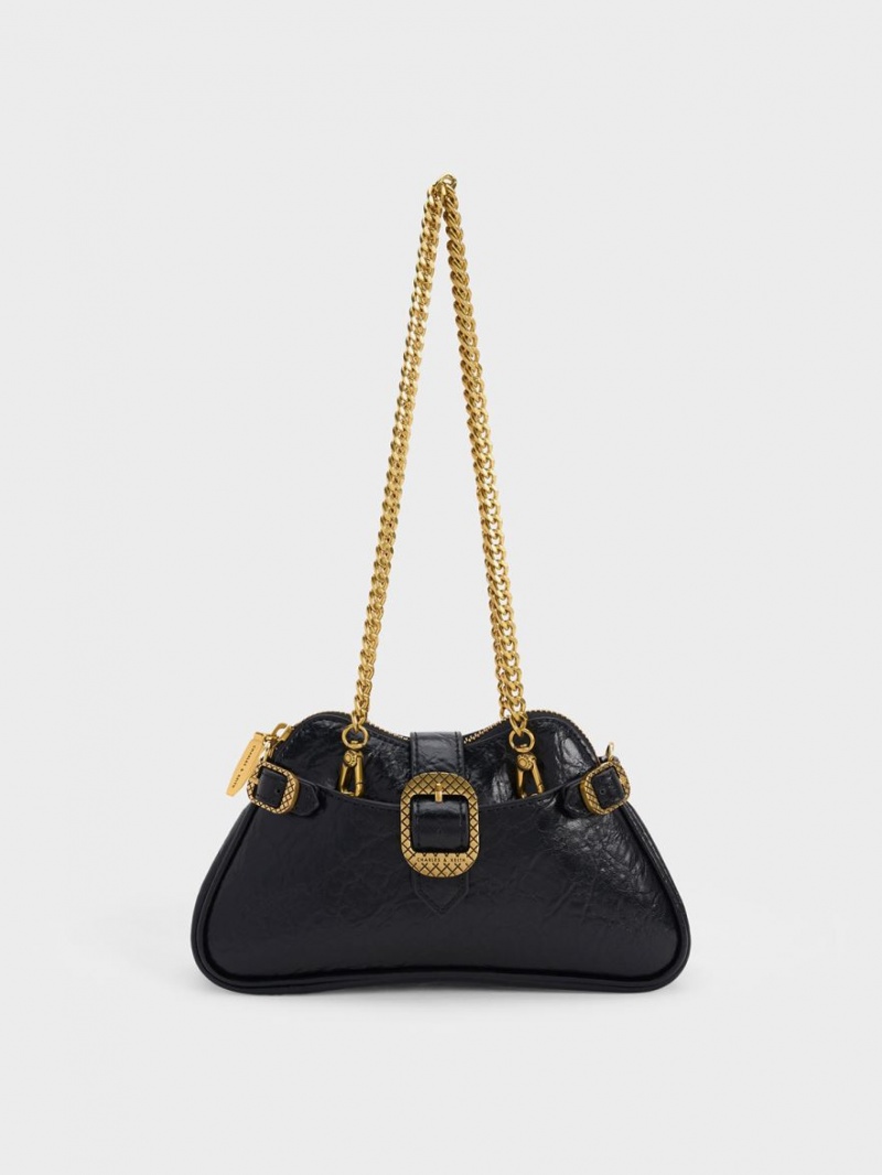 Charles & Keith Eilith Chain-Handle Buckled Skulderveske Svarte | LIHXC4073