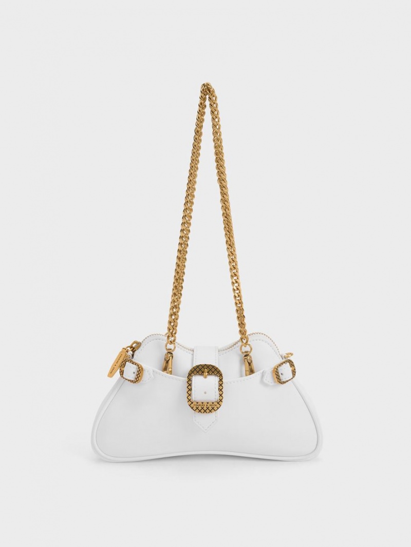 Charles & Keith Eilith Chain-Handle Buckled Skulderveske Hvite | PBGQN1596